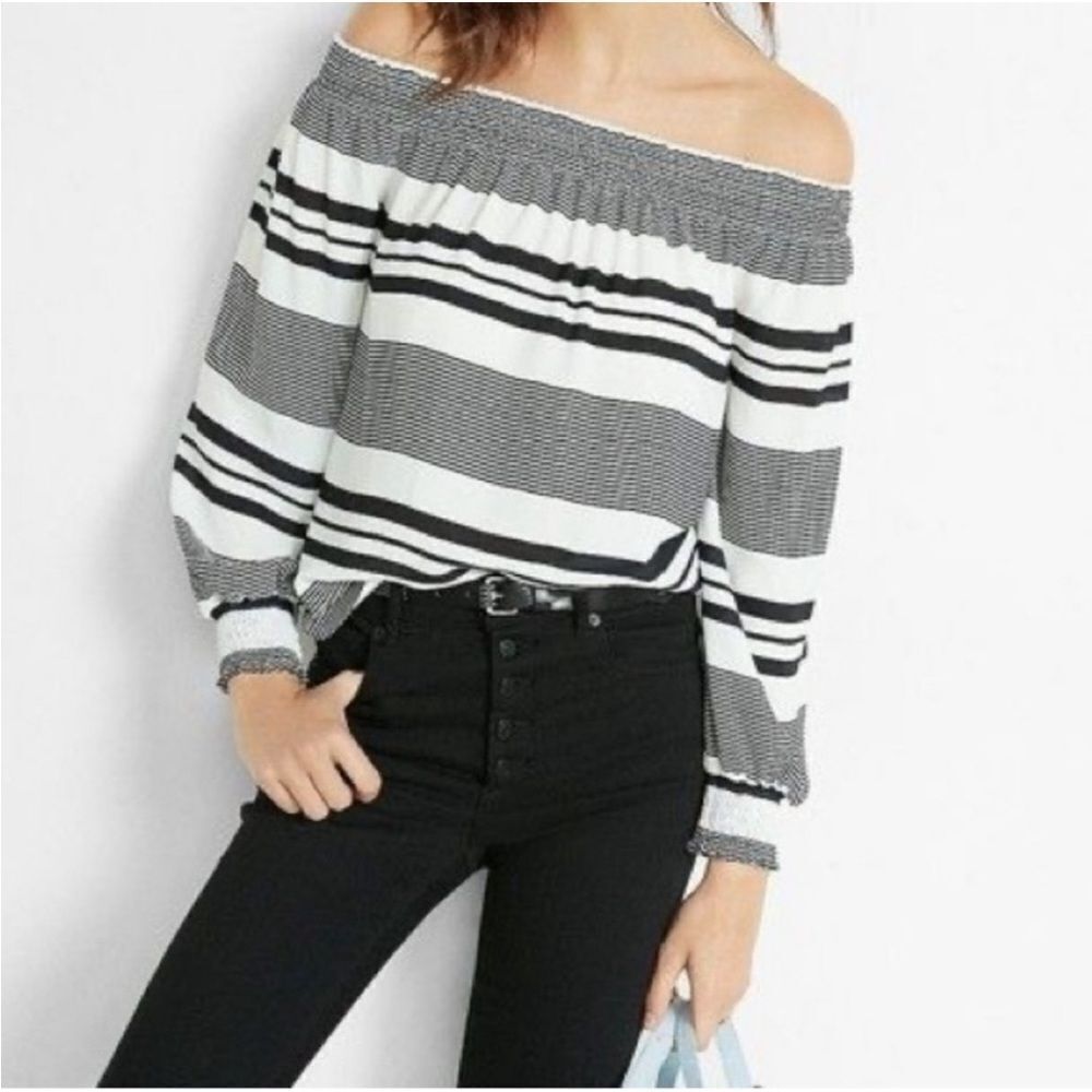 EXPRESS | Black & White Striped Off the Shoulder Dressy Top Women’s Size Small
